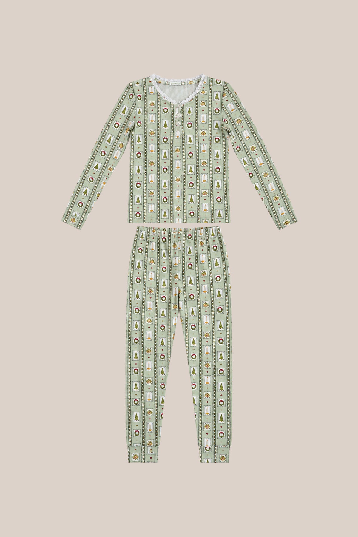 Mini So Soft Henley Pajama Set in Merry Mail Linear by Ivy City Co—long-sleeve, green and cream striped PJs with festive holiday prints. Perfect matching family pajamas for cozy holiday nights.
