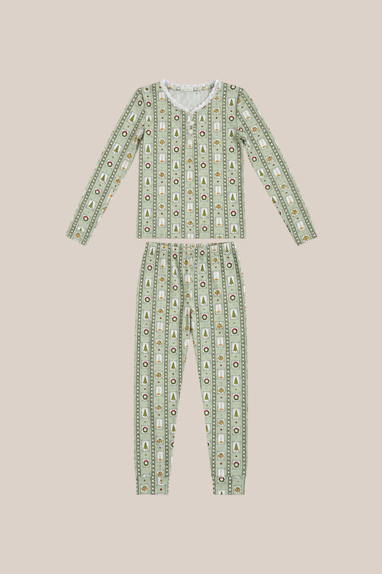 Mini So Soft Henley Pajama Set in Merry Mail Linear by Ivy City Co—long-sleeve, green and cream striped PJs with festive holiday prints. Perfect matching family pajamas for cozy holiday nights.
