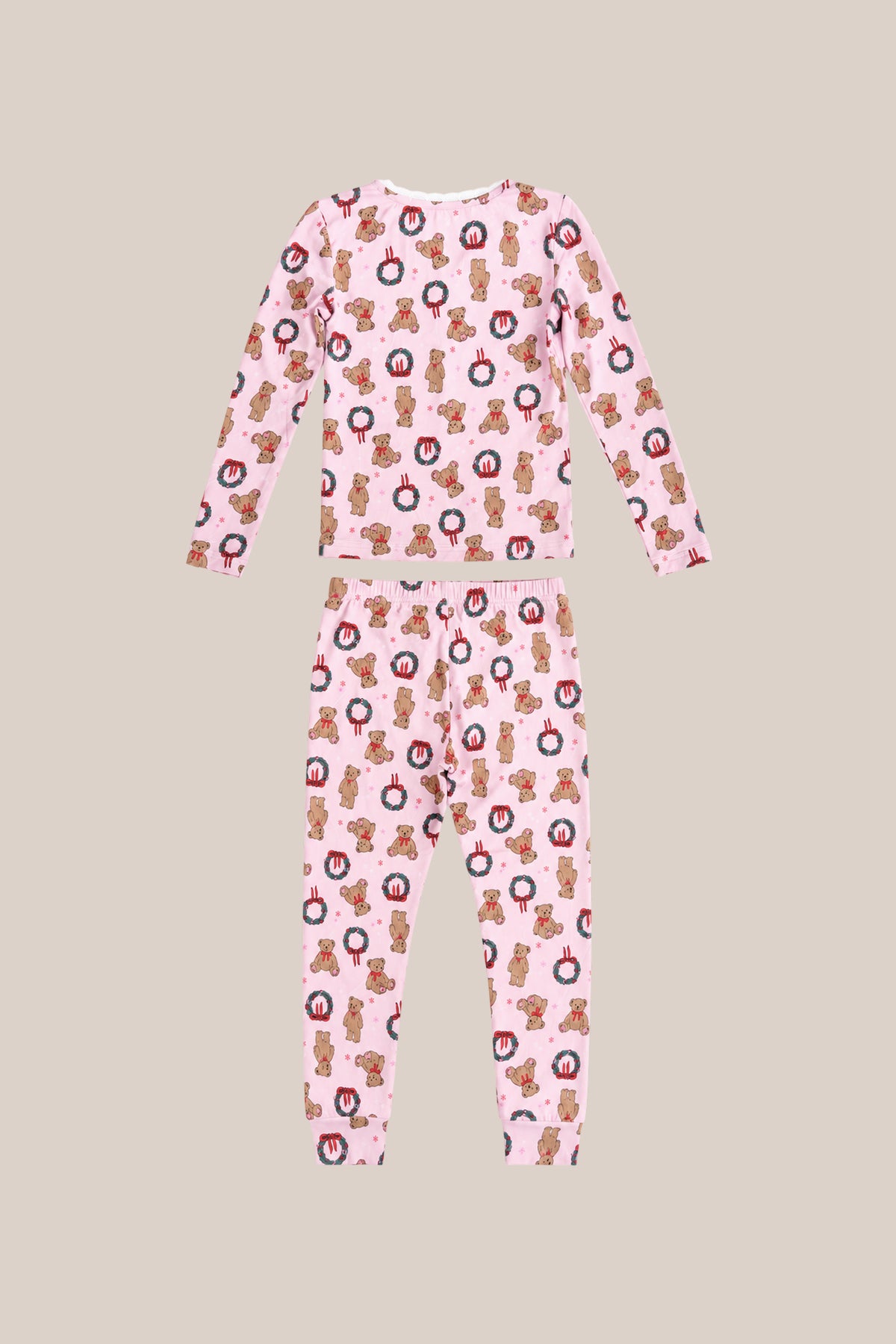 The Mini So Soft Henley Pajama Set in Teddy Bear Wreaths by Ivy City Co features a slim-fit pink top and pants, perfect for cozy nights or family matching pajamas. Shown flat on a neutral background.