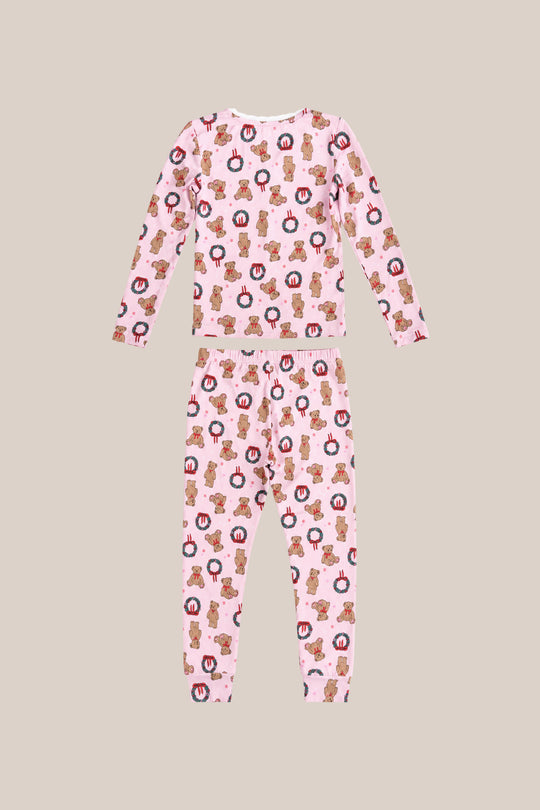 The Mini So Soft Henley Pajama Set in Teddy Bear Wreaths by Ivy City Co features a slim-fit pink top and pants, perfect for cozy nights or family matching pajamas. Shown flat on a neutral background.