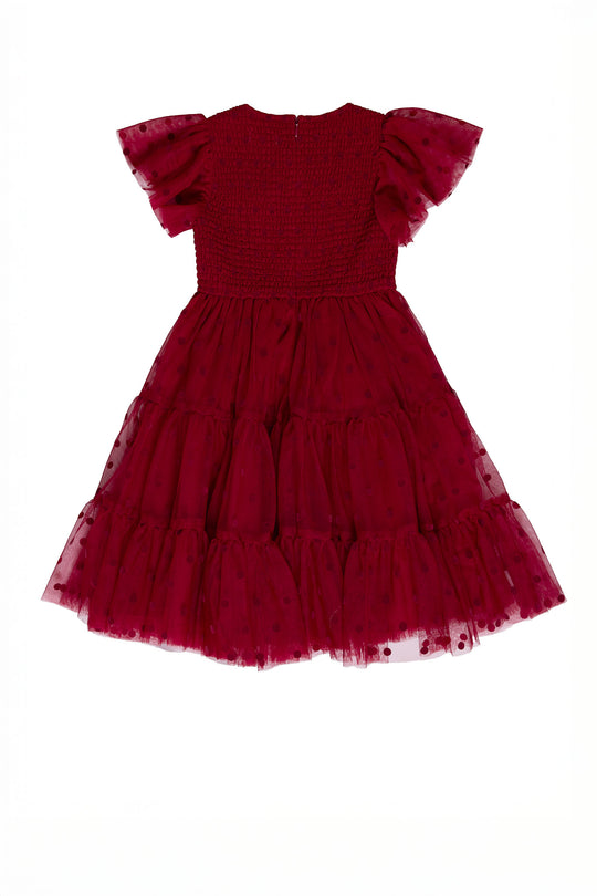 Red dress with ruffled sleeves on a white background