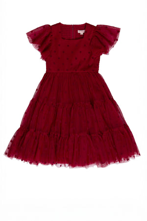 Red dress with ruffled sleeves on a white background
