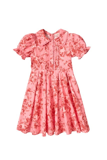 The Mini Sophia Dress in Desert Heritage Rose by Ivy City Co—a pink floral cotton dress with short puffed sleeves, round collar, fitted waist, and flared skirt—makes the perfect girls Easter outfit, shown against a white background.