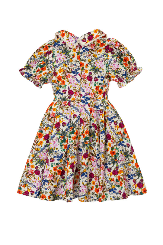 The Mini Sophia Dress in Multicolor Floral is a playful cotton mini dress with short sleeves, fitted waist, and a flared skirt adorned with vibrant red, purple, orange, yellow, and green blooms on white—ideal for any occasion.