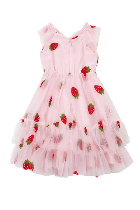 The Ivy City Co Mini Marin Dress in Strawberry Shortcake features a pink sleeveless design with ruffled shoulders, a layered tulle skirt, and adorable strawberry and green leaf embroidery.