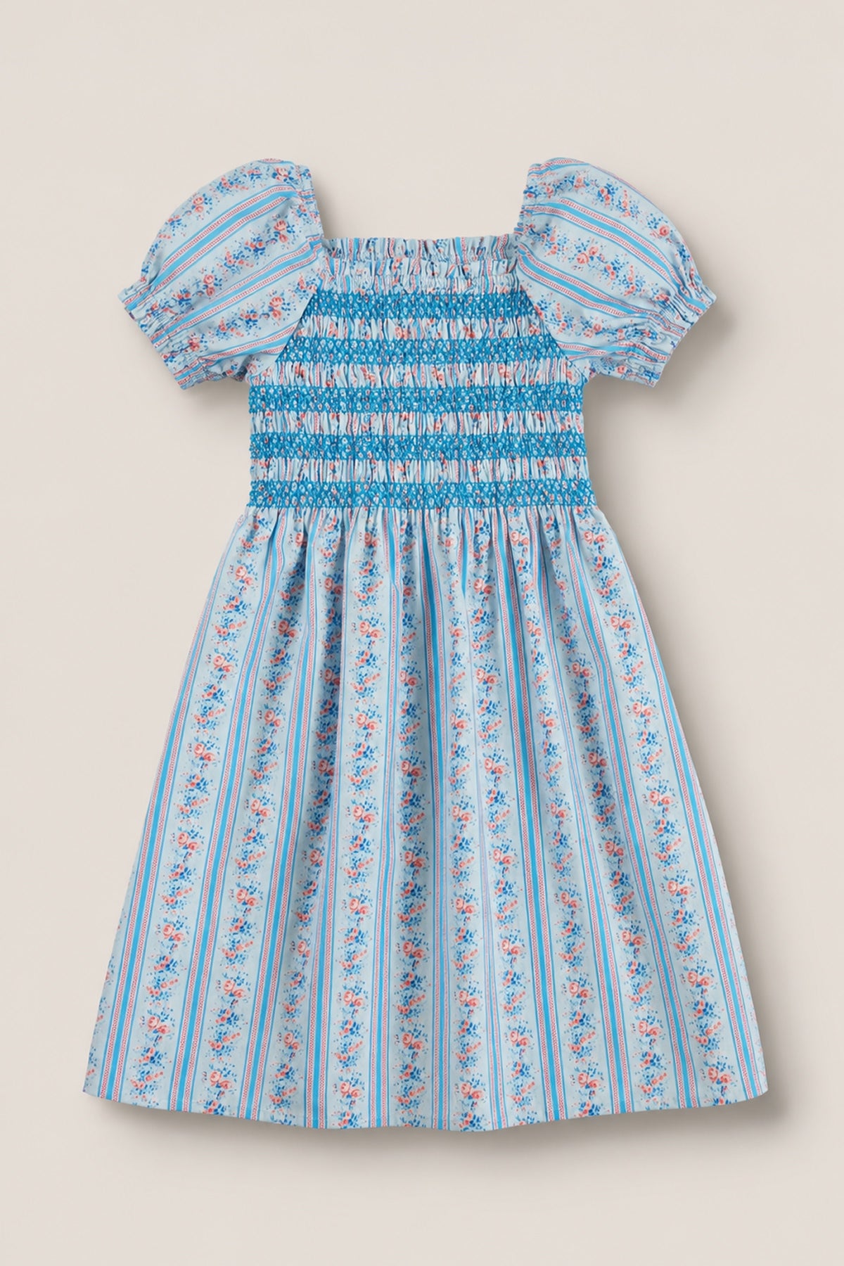The Mini Sunday Best Dress in Rosette Linear Stripe by Ivy City Co features puff sleeves, a smocked bodice, and a gathered skirt with pink and white floral patterns—ideal for Mom and Me matching moments.