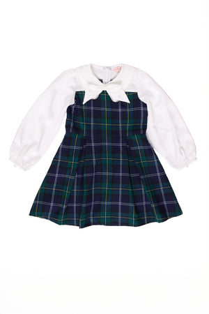 Children's outfit with plaid dress and white shirt on a white background