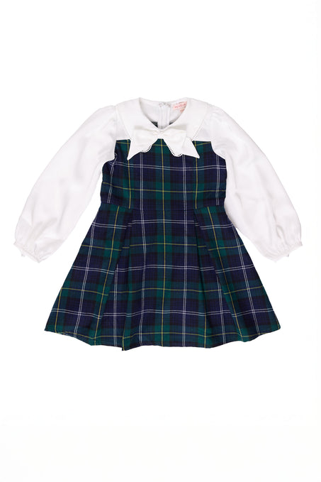 Children's outfit with plaid dress and white shirt on a white background
