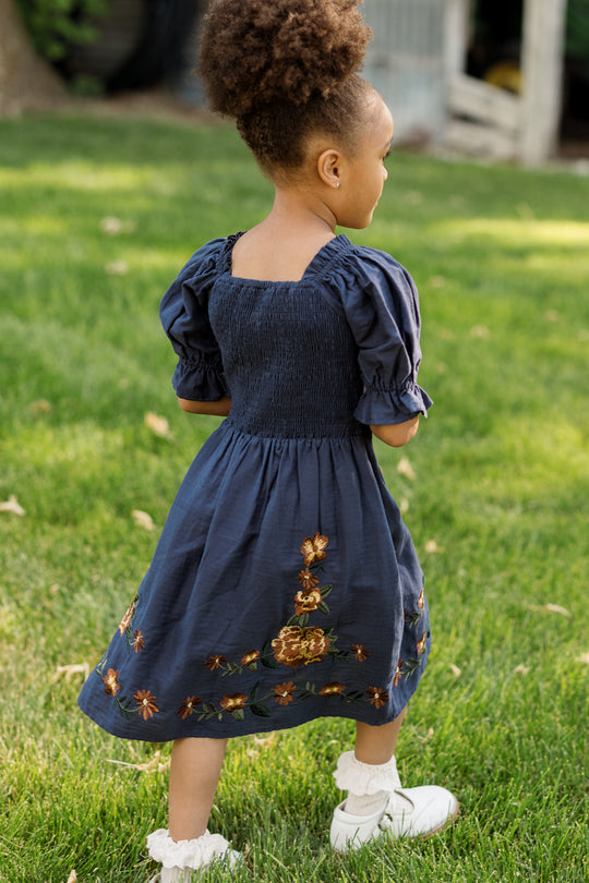 Mini Teagan Dress in Navy Embroidered Fall Floral – Ivy City Co