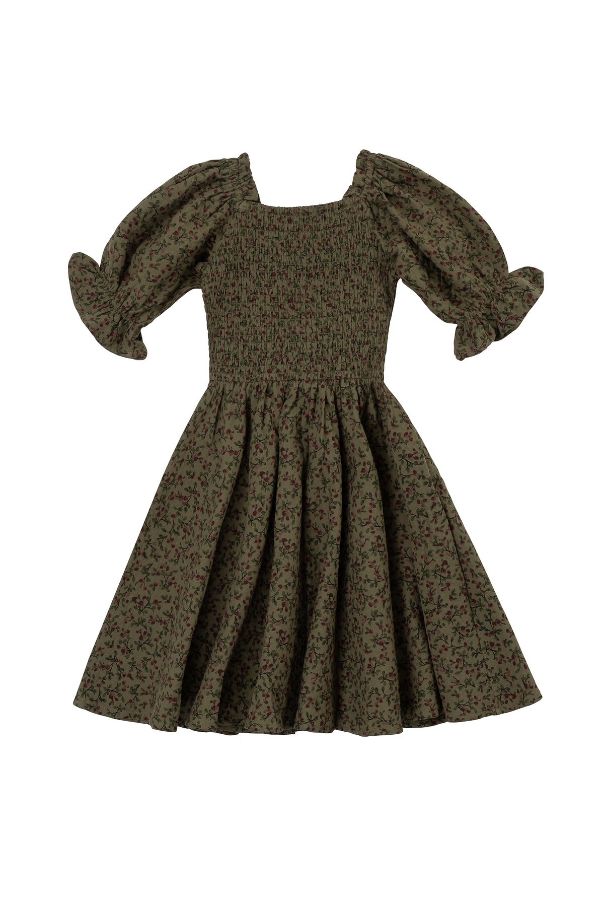 The Mini Teagan Dress in Woodland Floral by Ivy City Co features a green floral print, puffed short sleeves, smocked bodice, flared skirt, and a square neckline for a charming, stylish look.
