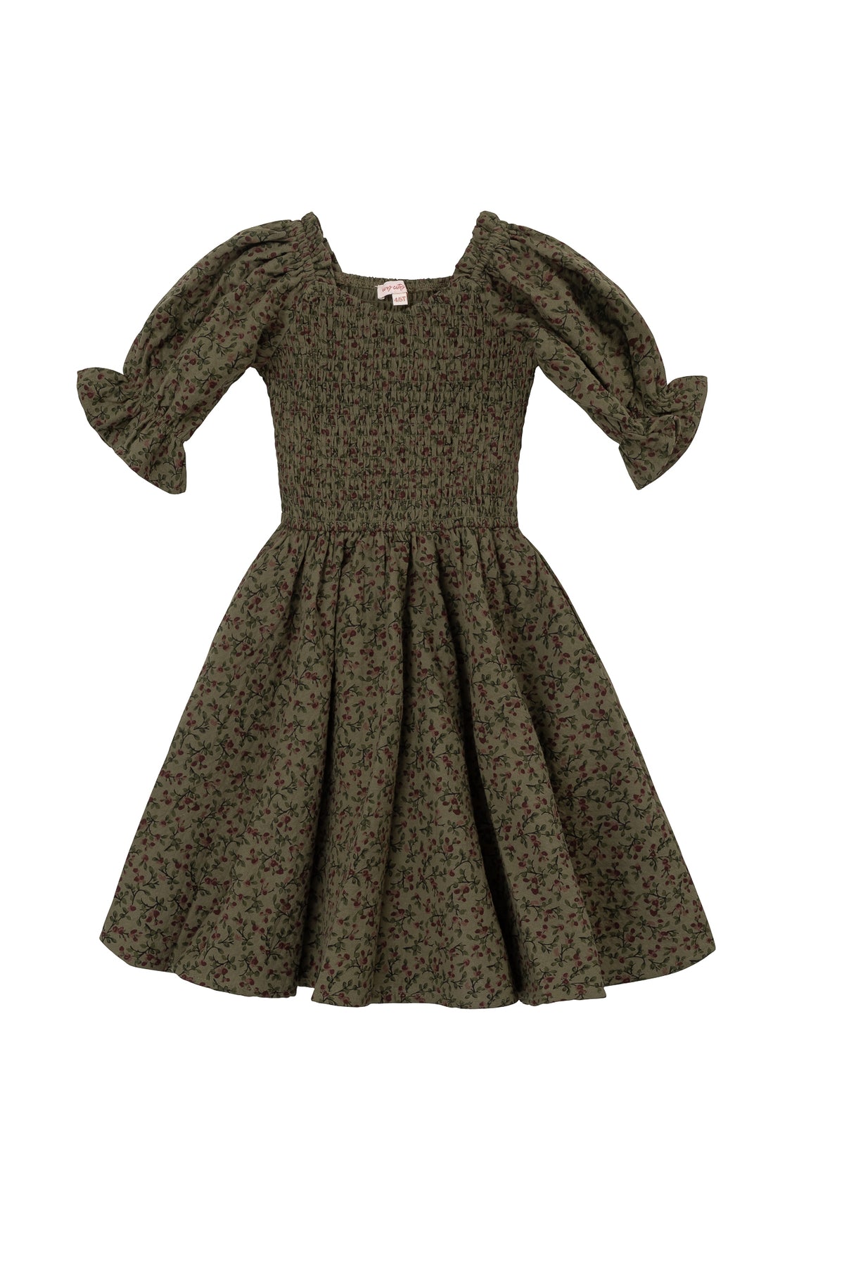 The Mini Teagan Dress in Woodland Floral by Ivy City Co features a smocked bodice, puff sleeves, and a flared skirt with a subtle dark floral pattern for an effortlessly charming olive green look.