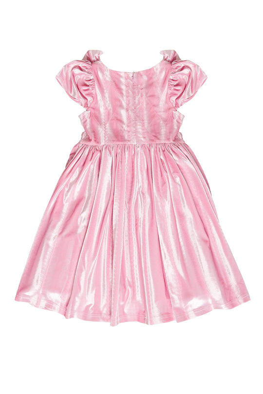 Pink dress with ruffled sleeves on a white background