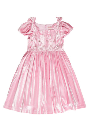 Pink dress with floral details on a white background