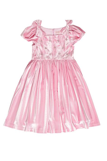 Pink dress with floral details on a white background