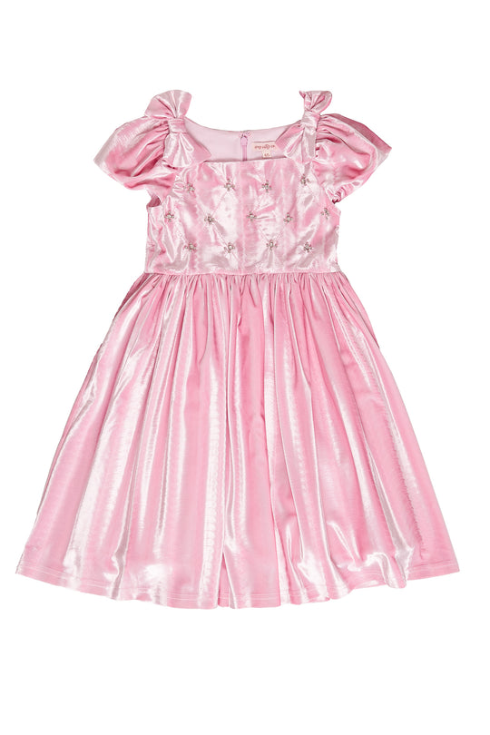 Pink dress with floral details on a white background