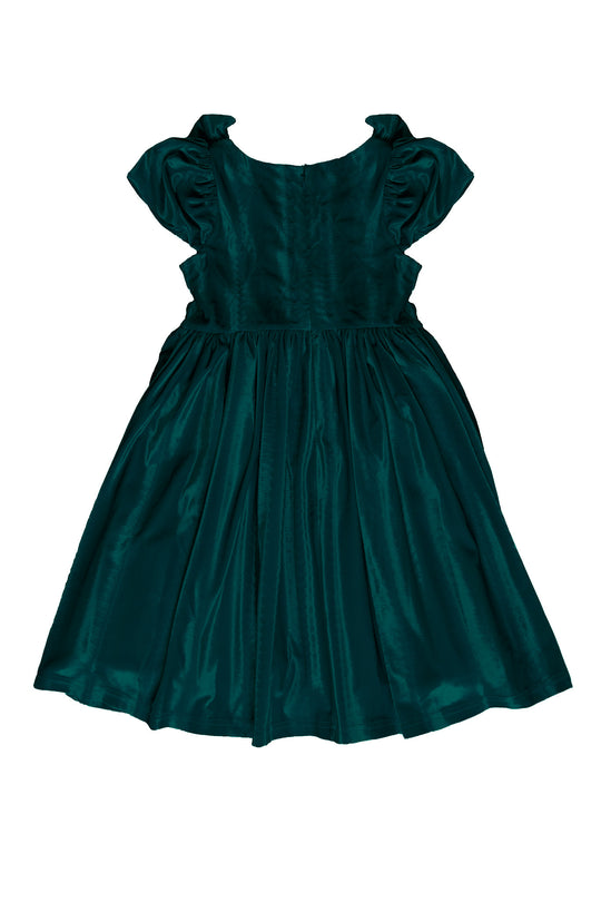 Back of green velvet dress with bodice detail on white background