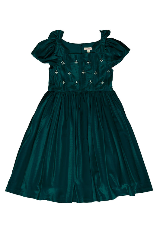 Front of green velvet dress with bodice detail on white background