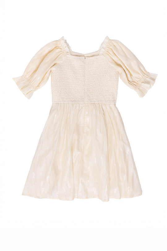 Beige dress with puff sleeves on a white background