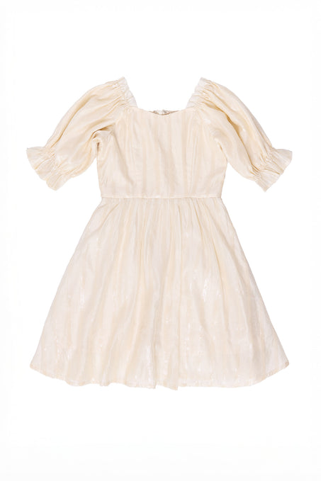 Beige dress with ruffled sleeves on a white background