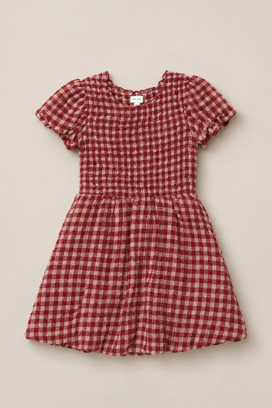 The Mini Tori Dress in Cranberry Popcorn Plaid by Ivy City Co is a short-sleeved, knee-length dress with a red and white checkered pattern, a fitted smocked bodice, and a gathered skirt, displayed laid flat on a neutral background.