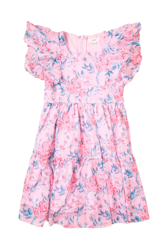 The Ivy City Co Mini Trixie Dress in Pink Sketched Flower Chiffon features ruffled short sleeves and a knee-length cut with blue and pink floral prints—perfect for girls’ summer wear or mom and me matching outfits.