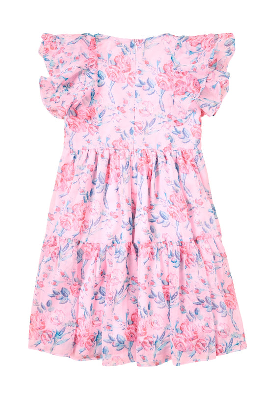 The Ivy City Co Mini Trixie Dress in Pink Sketched Flower Chiffon features ruffled sleeves and a tiered skirt with blue and pink blooms—perfect for girls’ summer outfits or mom and me matching looks.