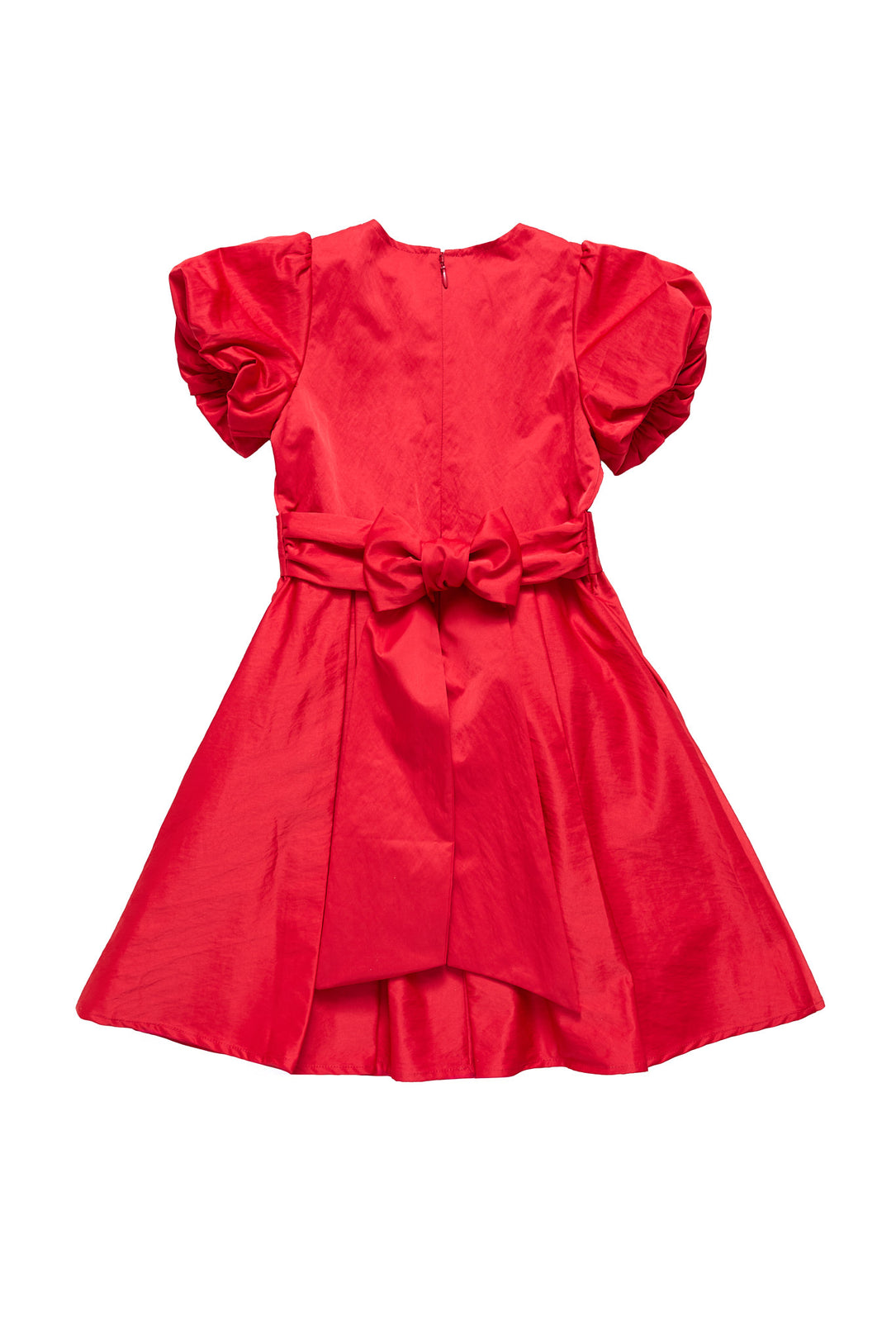 The back of a red taffeta dress on a white background