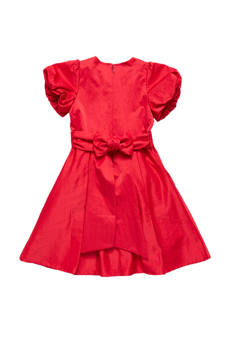 The back of a red taffeta dress on a white background