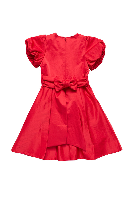 The back of a red taffeta dress on a white background