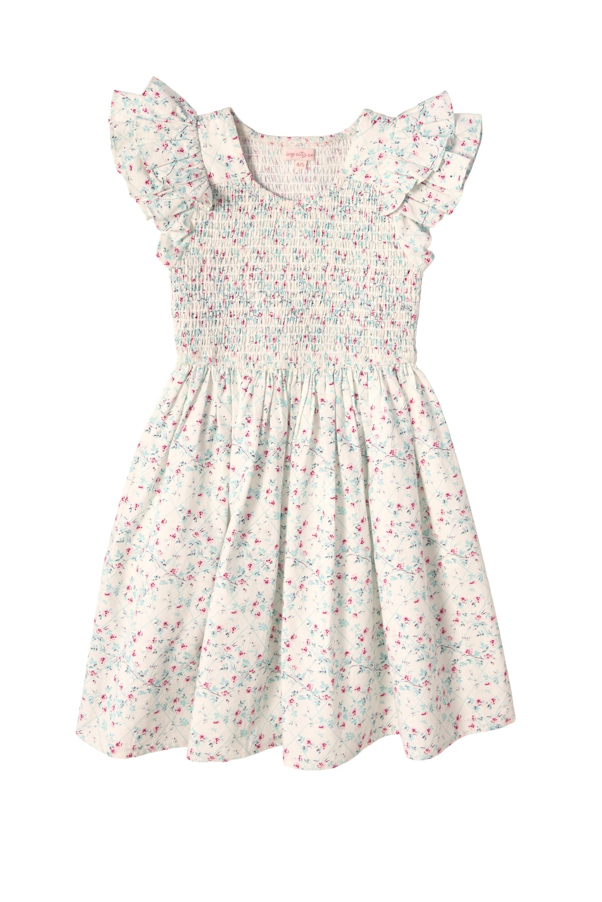 The Mini Hattie Dress in Pansy Trellis by Ivy City Co features a white cotton design with pastel pink and blue floral print, ruffled cap sleeves, smocked bodice, and a softly gathered skirt—perfect for spring.