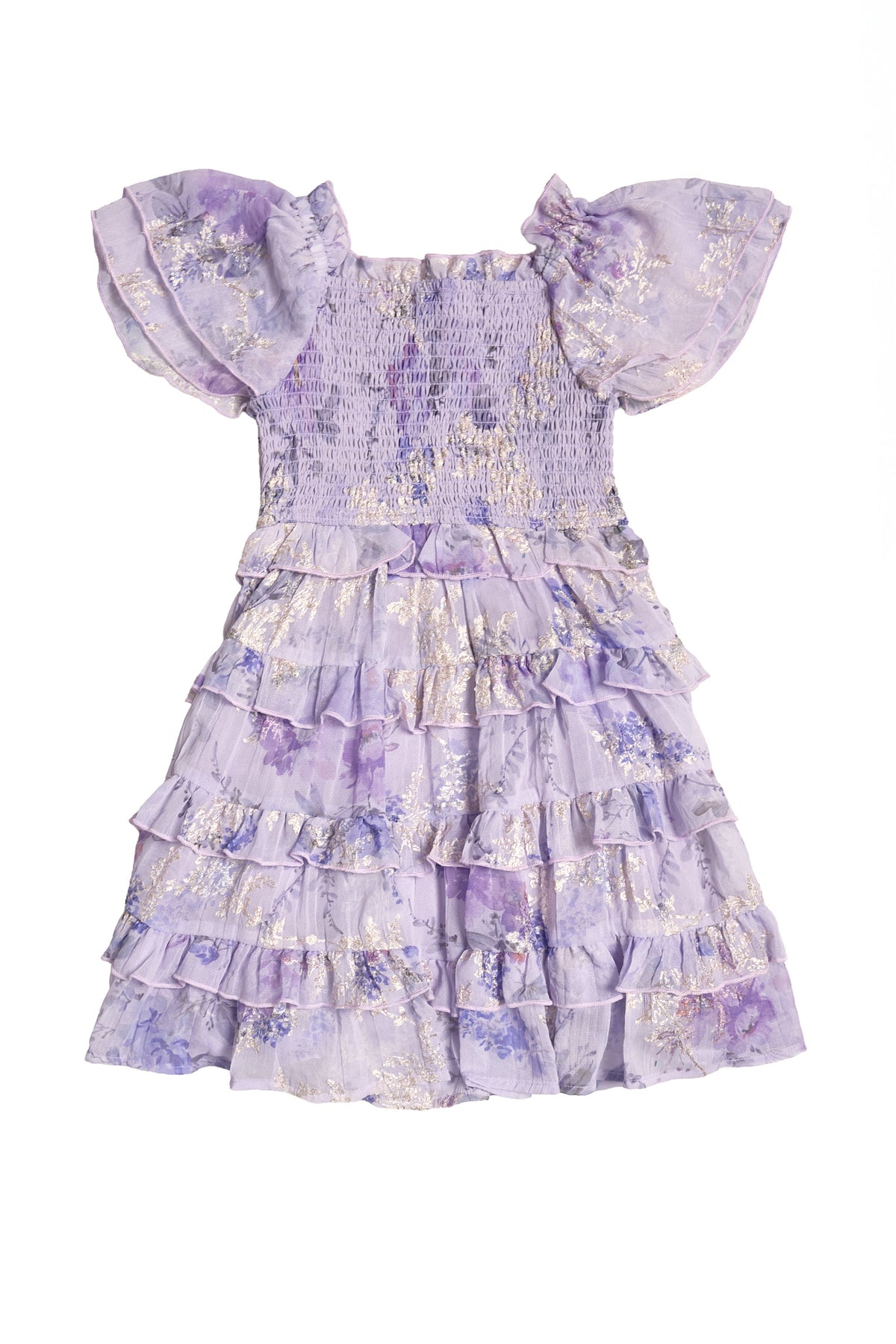 The Mini Winnie Dress in Lavender Aquarelle Fleur by Ivy City Co features puffed short sleeves, a shirred bodice, and a layered skirt with a floral pattern and gold accents—a perfect girls’ spring dress.
