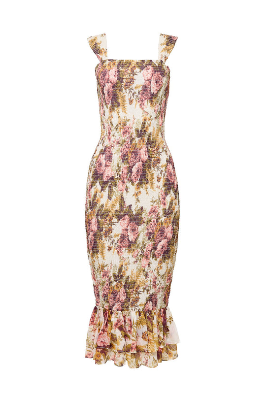 The Mira Dress in Garden Rose by Ivy City Co is a sleeveless, fitted bodycon midi dress featuring a pink and purple floral print, ruffled hem, wide shoulder straps, and maternity nursing-friendly design, displayed on a white background.