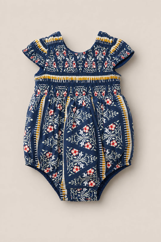 Sure! Here’s a rewritten sentence using your product data: The Baby Marlow Romper in Navy Fleur by Ivy City Co is a short-sleeve baby romper featuring a navy blue base with white and red floral patterns and yellow striped accents.