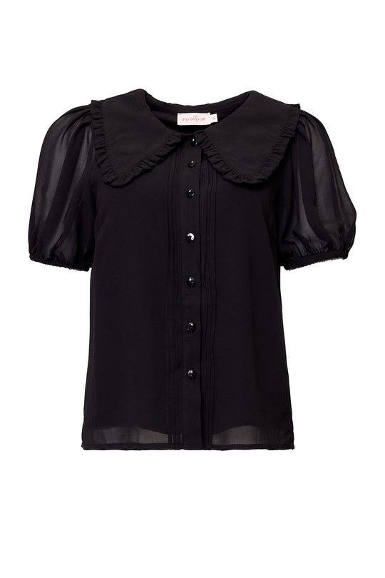 The Andrea Blouse in Black Chiffon by Ivy City Co features short puff sleeves, a wide ruffled collar with scalloped edges, and front buttons. Crafted from a lightweight, slightly sheer chiffon fabric.