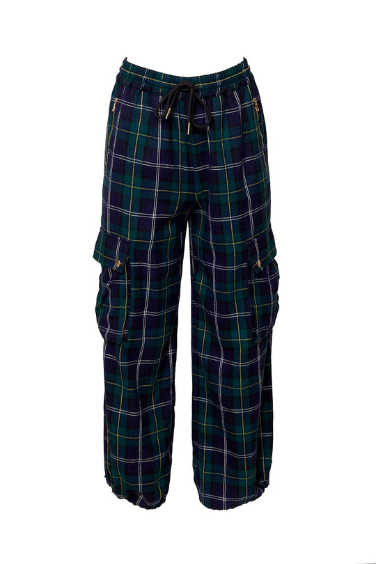 Plaid cargo pants on a white background