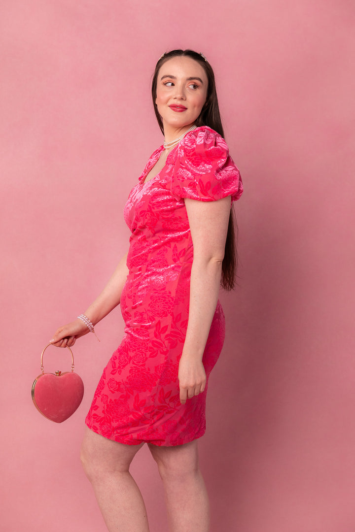 Nina Bow Dress in Pink Velvet-Adult
