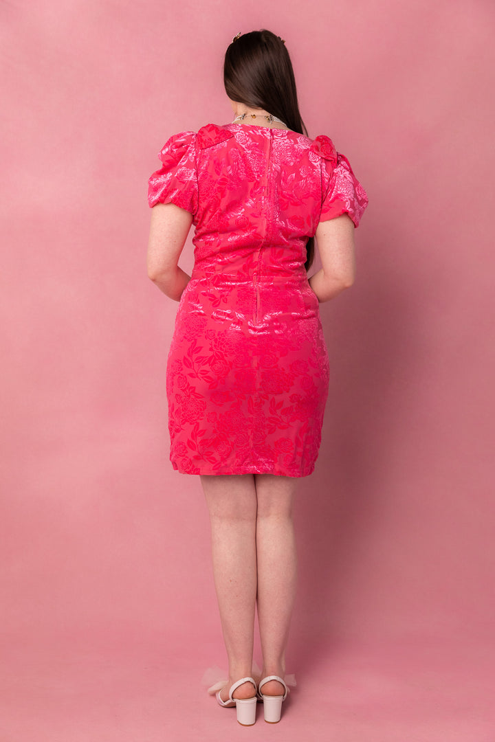 Nina Bow Dress in Pink Velvet-Adult