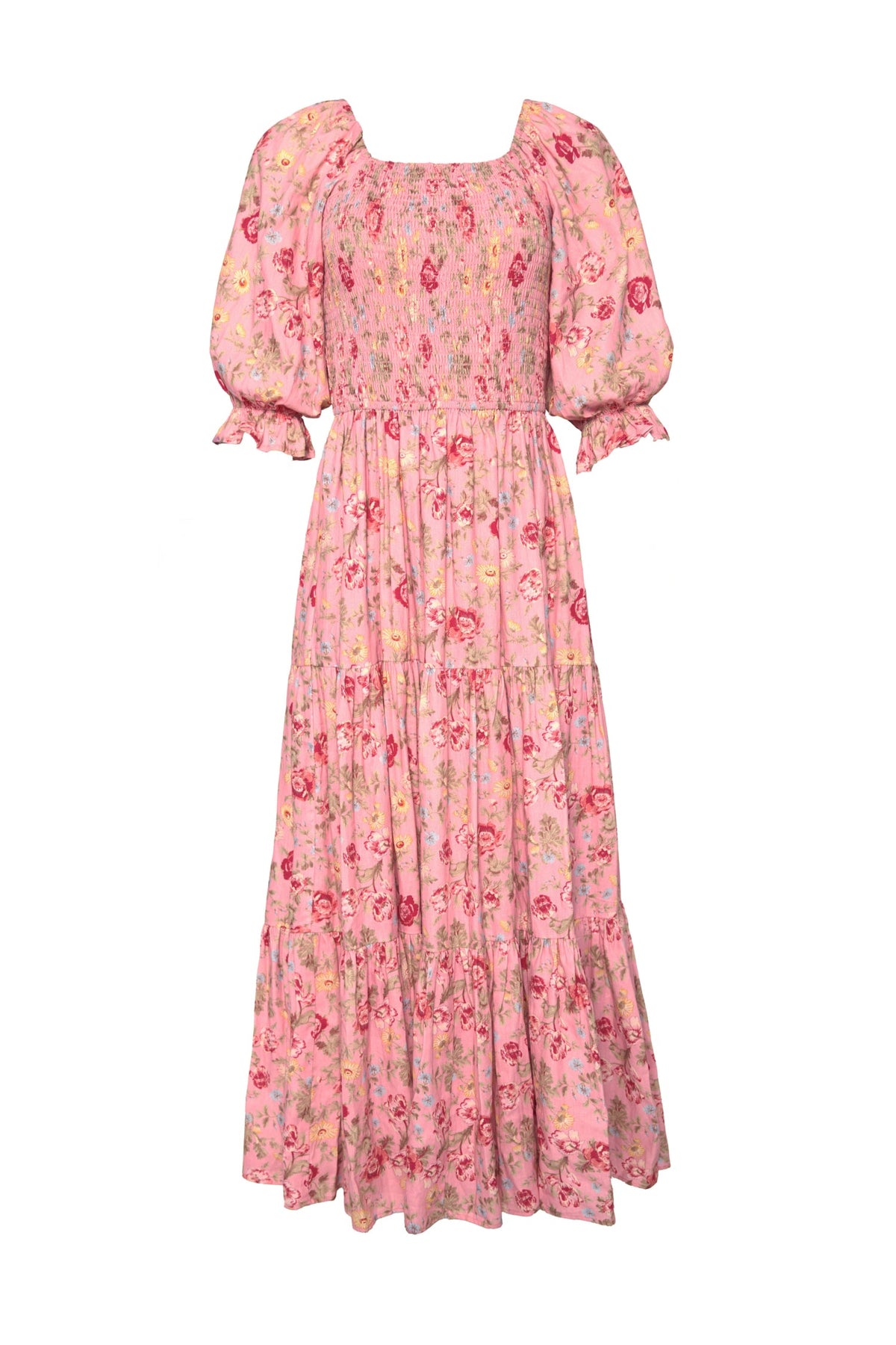 The Madeline Maxi Dress in Pink Vintage Poppies by Ivy City Co is a long, pink floral maxi dress with puffed short sleeves, a smocked bodice, and a tiered skirt. Featuring red and yellow poppy patterns and ruffled sleeve hems, this elegant dress is also nursing-friendly—making it perfect for any occasion.