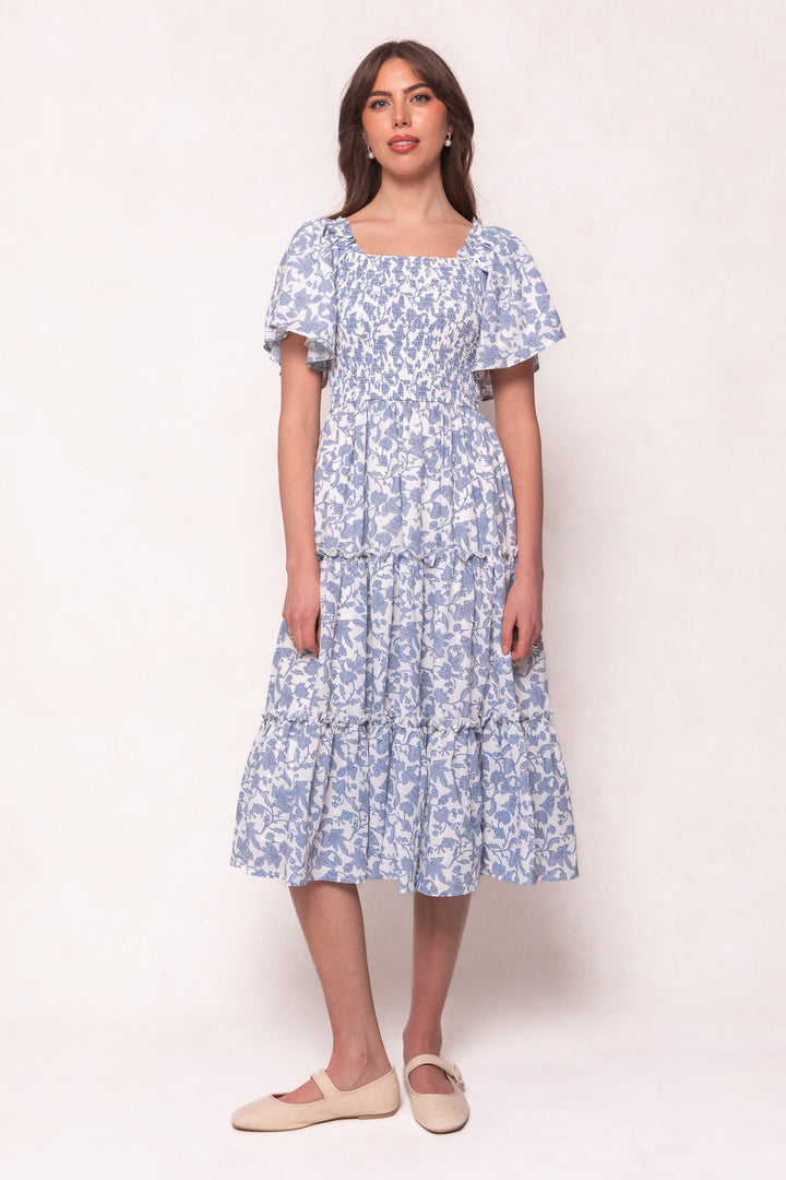 Ophelia Dress in Blue Floral Toile