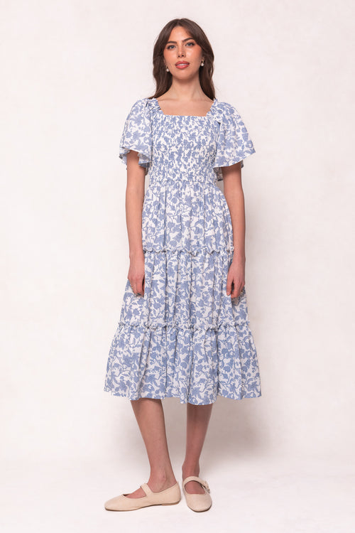 Ophelia Dress in Blue Floral Toile