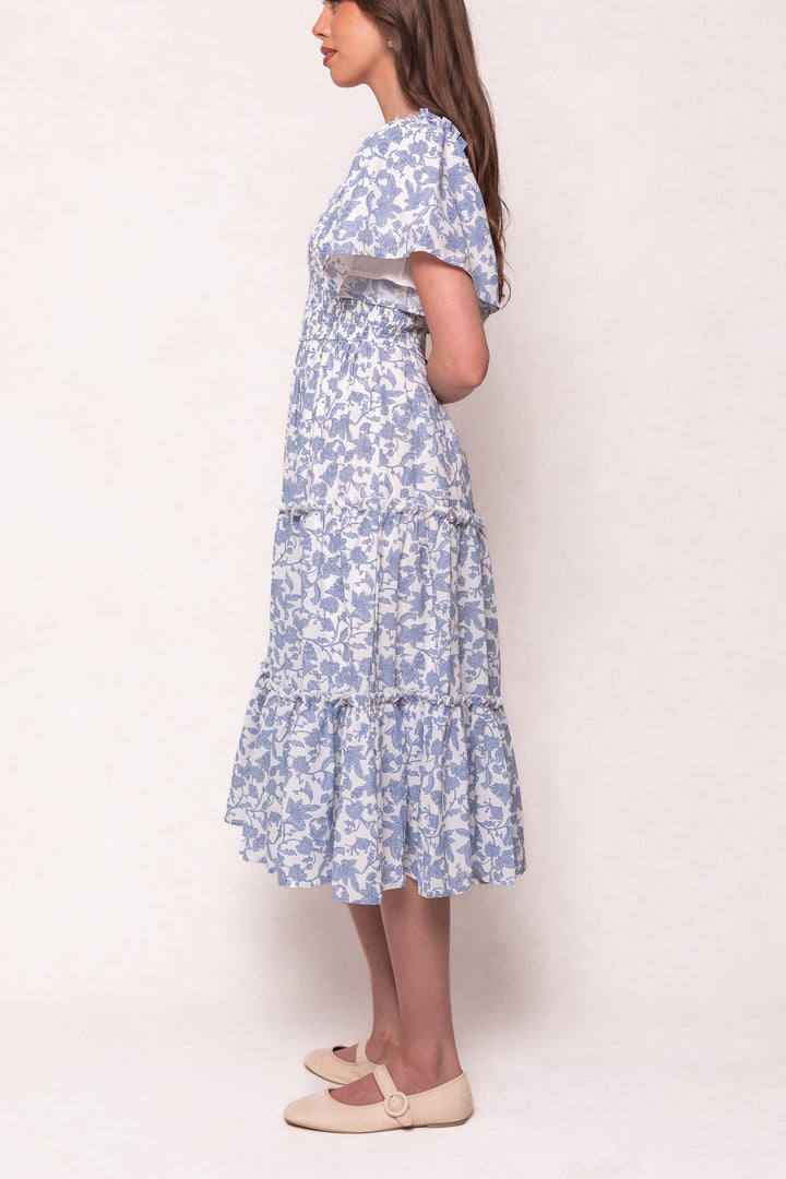 Ophelia Dress in Blue Floral Toile