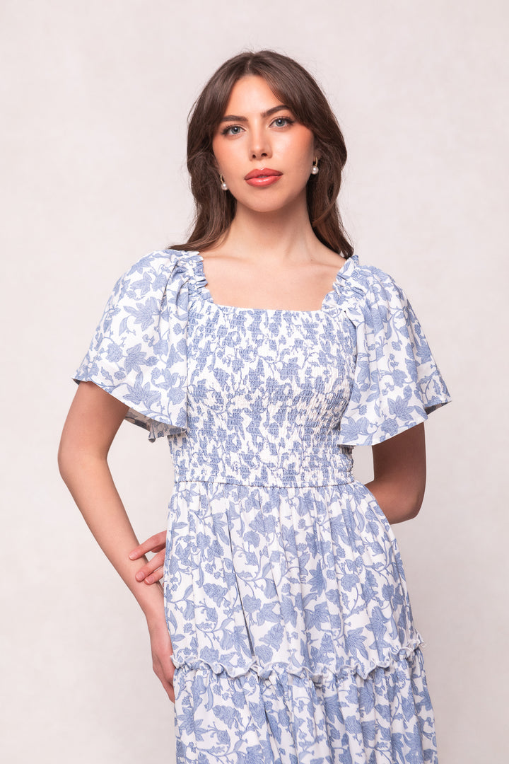 Ophelia Dress in Blue Floral Toile