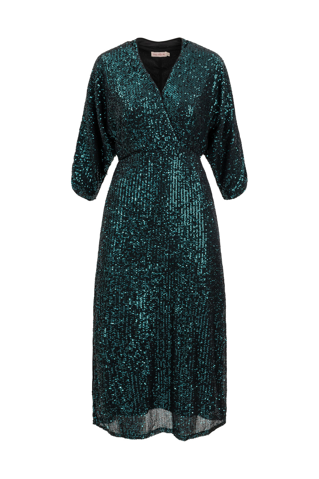 Teal sequin dress on a white background