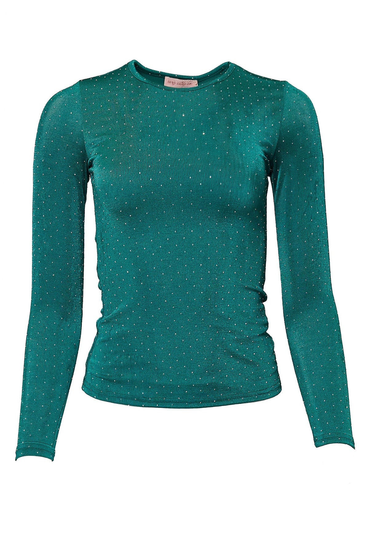 The Bravo Top in Emerald by Ivy City Co features a fitted, long-sleeve silhouette crafted from teal-green mesh and adorned with tiny, evenly spaced sparkling embellishments; this jewel-embellished top is shown against a plain white background.