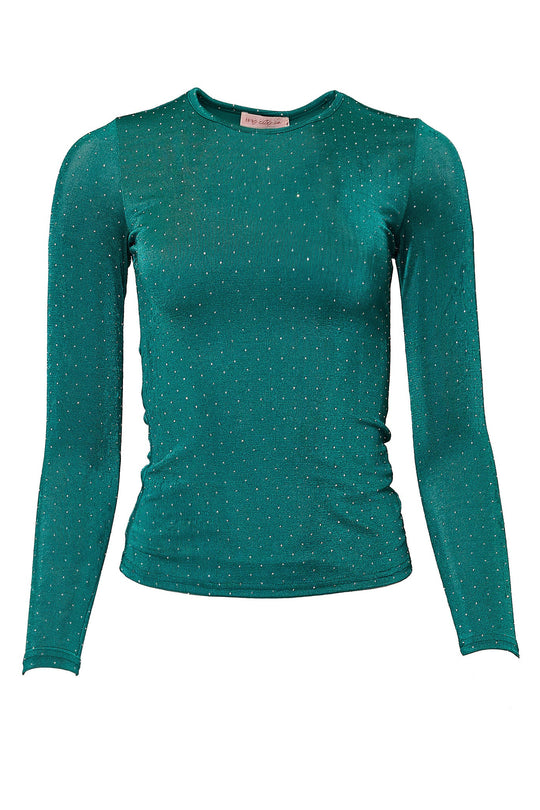 The Bravo Top in Emerald by Ivy City Co features a fitted, long-sleeve silhouette crafted from teal-green mesh and adorned with tiny, evenly spaced sparkling embellishments; this jewel-embellished top is shown against a plain white background.
