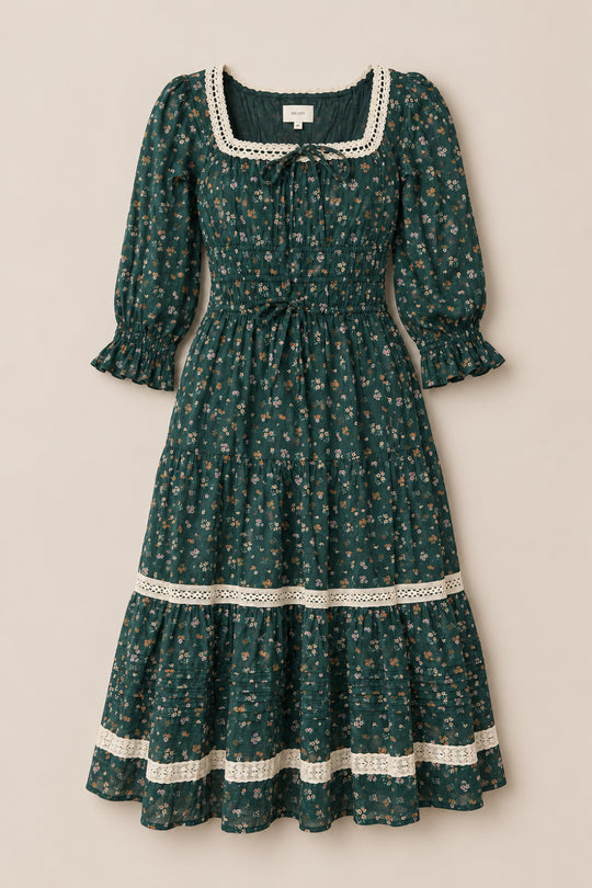 The Palermo 3/4 Sleeves Dress in Evergreen Lovelorn Ditsy by Ivy City Co is a green, floral-patterned cotton midi dress featuring puffed 3/4 sleeves, a smocked bodice, lace trim on the square neckline and skirt, as well as a ruffled hem and cuffs. Maternity friendly for comfortable elegance at every stage.