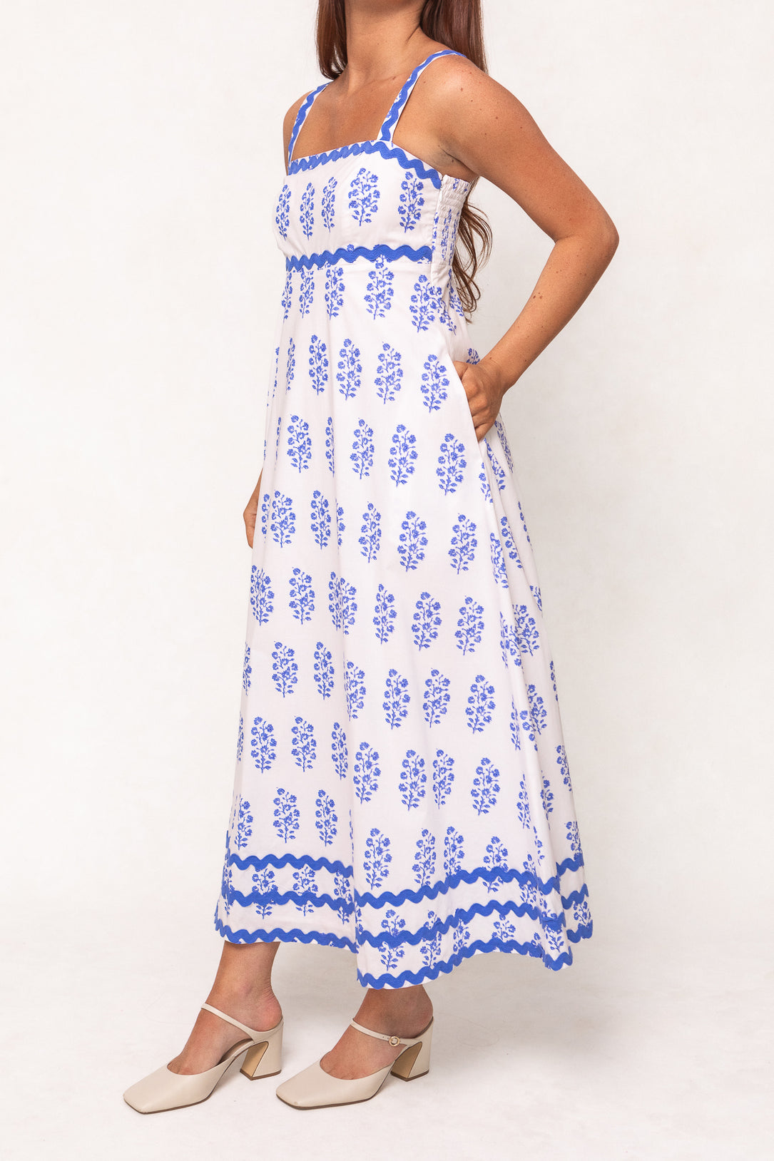 blue and white block print dress Blue White Block Print Midi Dress: Sleeveless Cotton Sundress Hand Block Printed Holiday Gown
