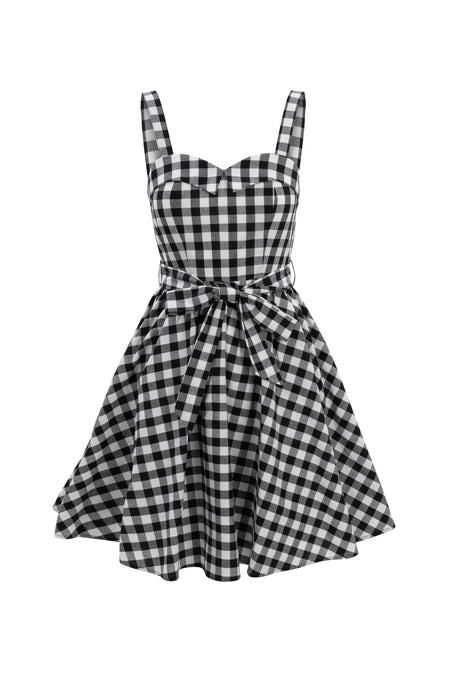 The Patty Dress in Black Gingham by Ivy City Co features a sleeveless design, sweetheart neckline, fitted bodice, flared knee-length skirt, and a matching tied waist belt.