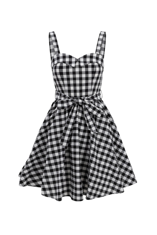 The Patty Dress in Black Gingham by Ivy City Co features a sleeveless design, sweetheart neckline, fitted bodice, flared knee-length skirt, and a matching tied waist belt.