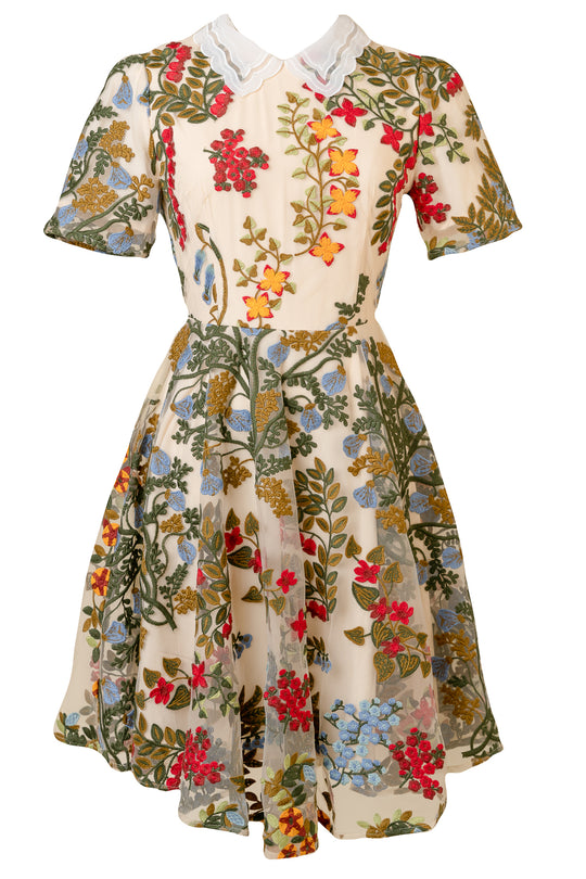 The Penelope Dress by Ivy City Co is a cream, short-sleeved dress featuring a white collar, vibrant floral embroidery, a fitted waist, flared skirt, and a delicate lace-trimmed neckline.